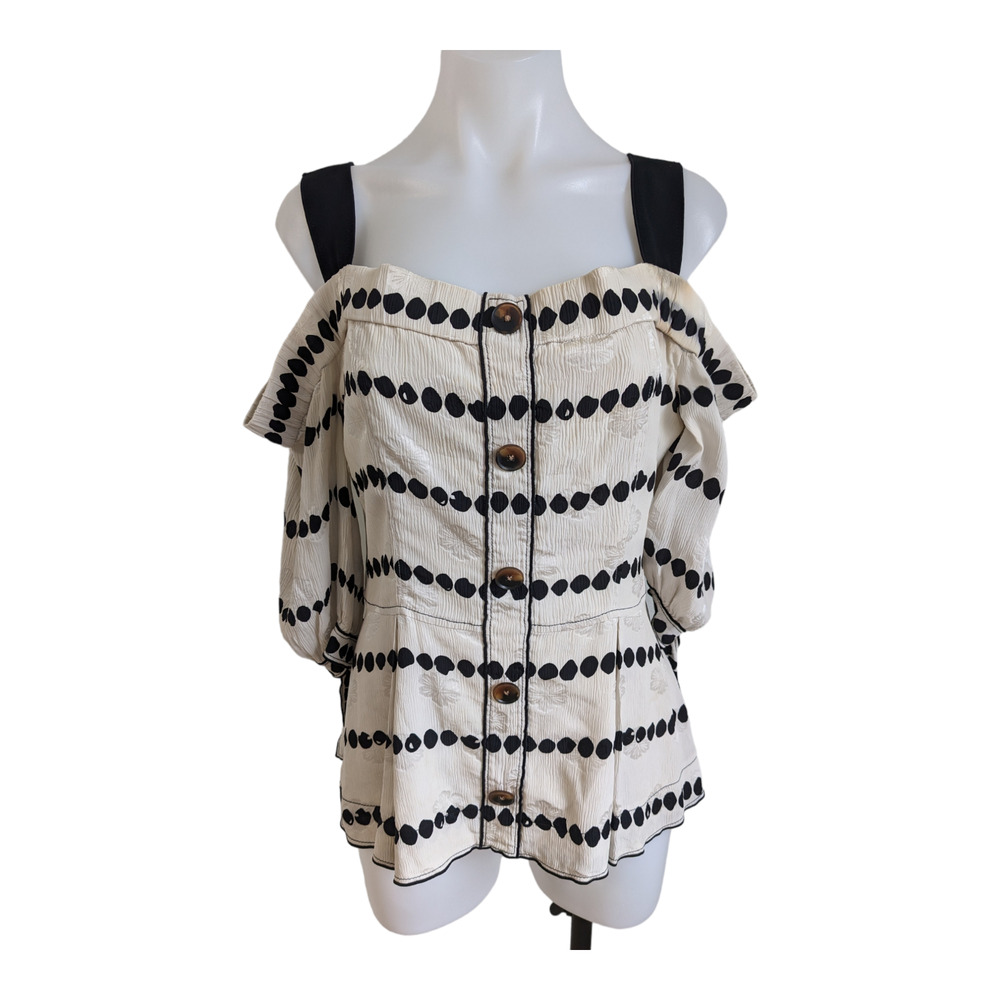 Derek Lam 10 Crosby Size 6 Off The Shoulder Top Blouse White Black Polka Dot